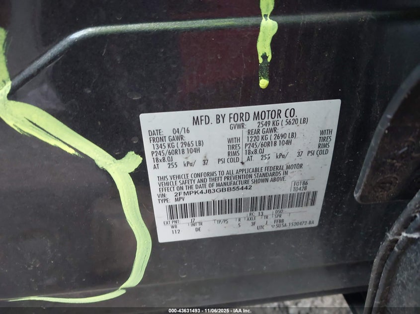 2016 Ford Edge Sel VIN: 2FMPK4J83GBB55442 Lot: 43631493