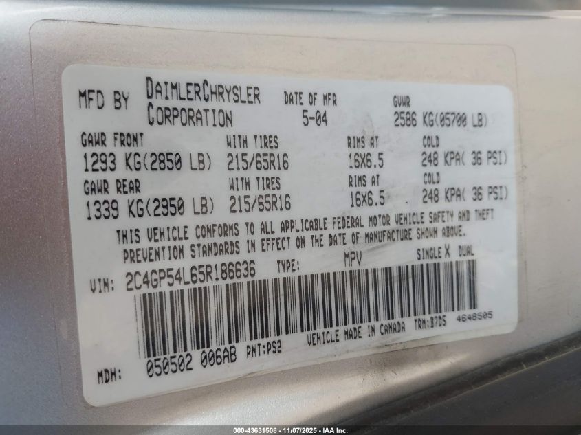 2005 Chrysler Town & Country Touring VIN: 2C4GP54L65R186636 Lot: 43631508