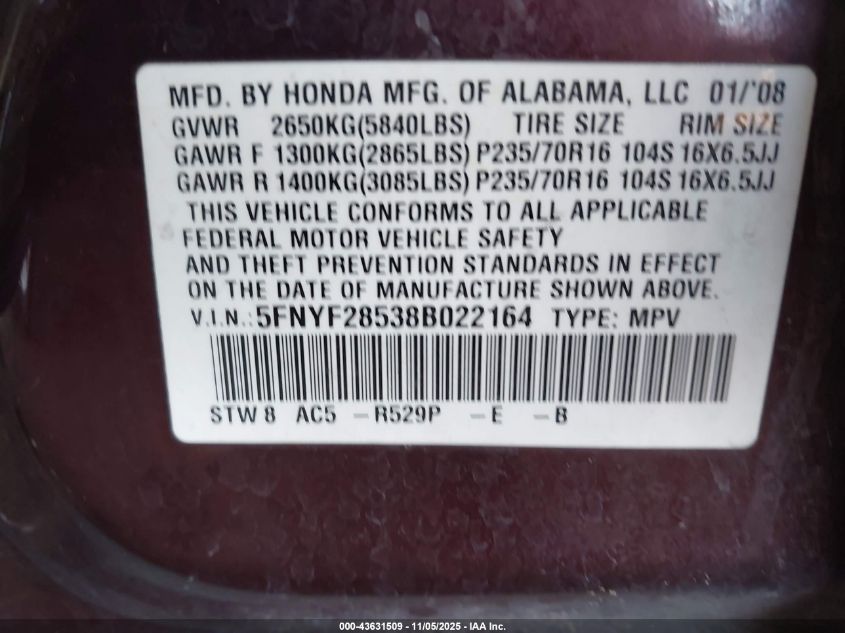 2008 Honda Pilot Ex-L VIN: 5FNYF28538B022164 Lot: 43631509