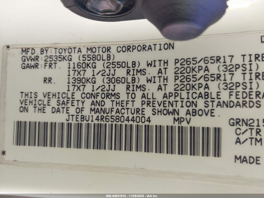 2005 Toyota 4Runner Sr5 V6 VIN: JTEBU14R658044004 Lot: 43631518