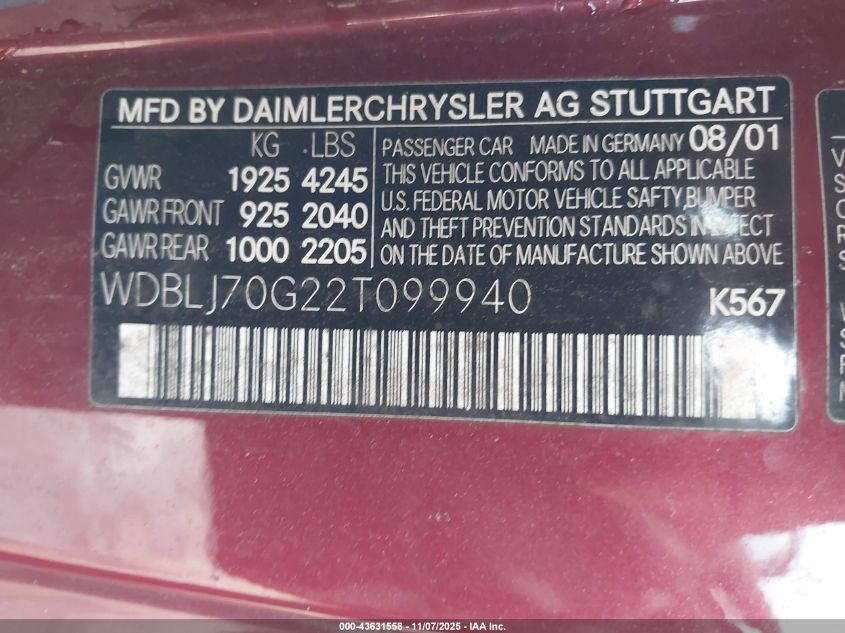2002 Mercedes-Benz Clk 430 VIN: WDBLJ70G22T099940 Lot: 43631558