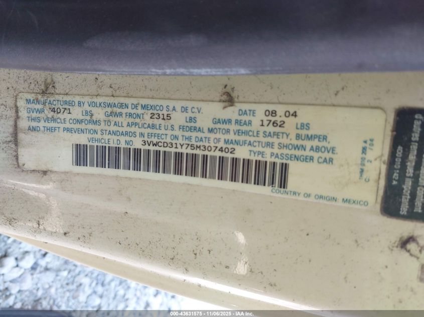 2005 Volkswagen New Beetle Gls 1.8T VIN: 3VWCD31Y75M307402 Lot: 43631575