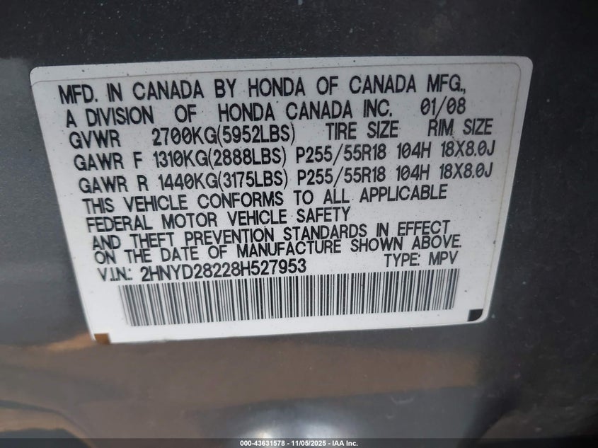 2008 Acura Mdx VIN: 2HNYD28228H527953 Lot: 43631578