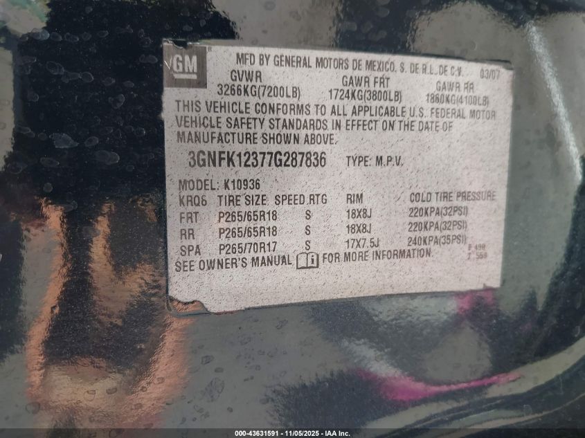 2007 Chevrolet Avalanche 1500 Lt VIN: 3GNFK12377G287836 Lot: 43631591