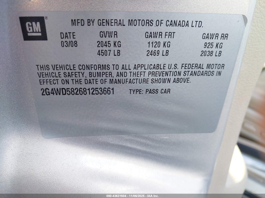 2008 Buick Lacrosse Cxl VIN: 2G4WD582681253661 Lot: 43631604