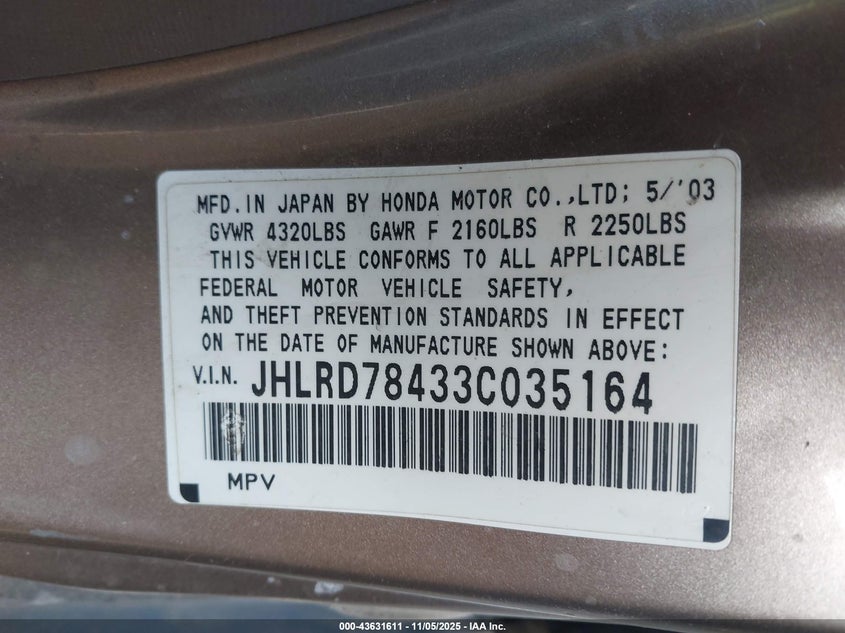 2003 Honda Cr-V Lx VIN: JHLRD78433C035164 Lot: 43631611