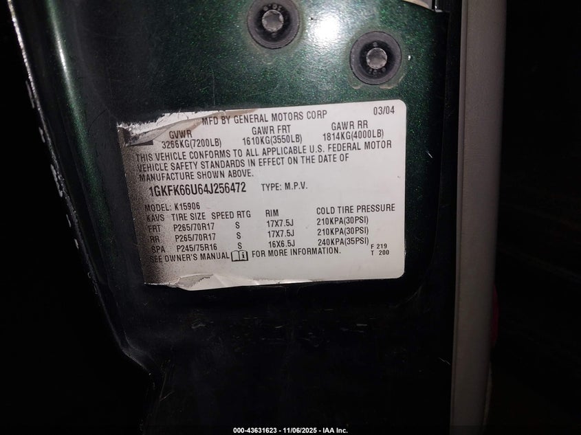 2004 GMC Yukon Xl 1500 Denali VIN: 1GKFK66U64J256472 Lot: 43631623