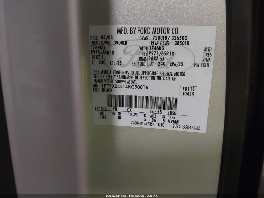 2004 Ford F-150 Fx4/Xlt VIN: 1FTPX04514KC90016 Lot: 43631624