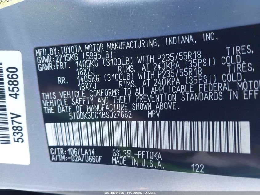 2011 Toyota Sienna Limited VIN: 5TDDK3DC1BS027662 Lot: 43631626