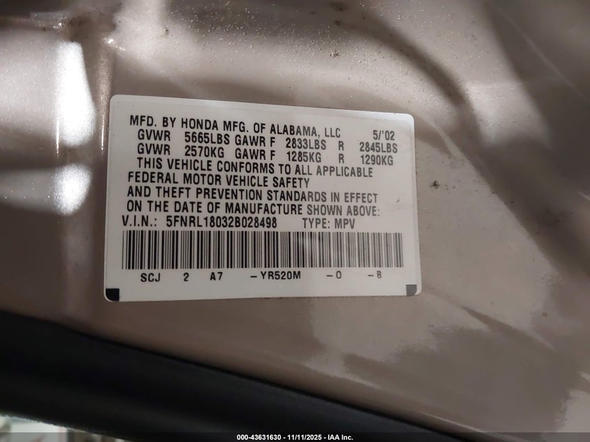 2002 Honda Odyssey Ex-L VIN: 5FNRL18032B028498 Lot: 43631630