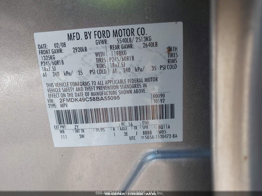 2008 Ford Edge Limited VIN: 2FMDK49C58BA55095 Lot: 43631635