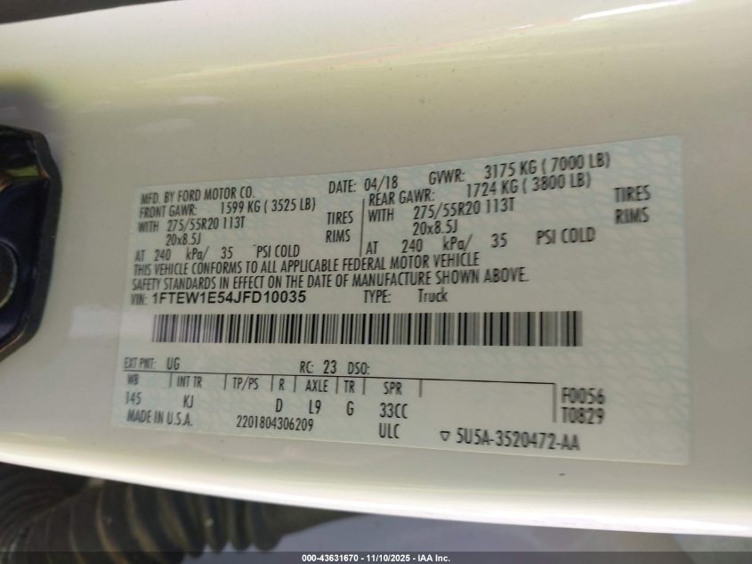 2018 Ford F-150 King Ranch VIN: 1FTEW1E54JFD10035 Lot: 43631670