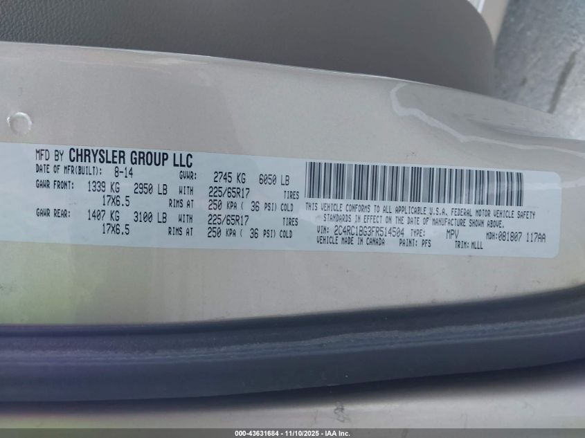 2015 Chrysler Town & Country Touring VIN: 2C4RC1BG3FR514504 Lot: 43631684