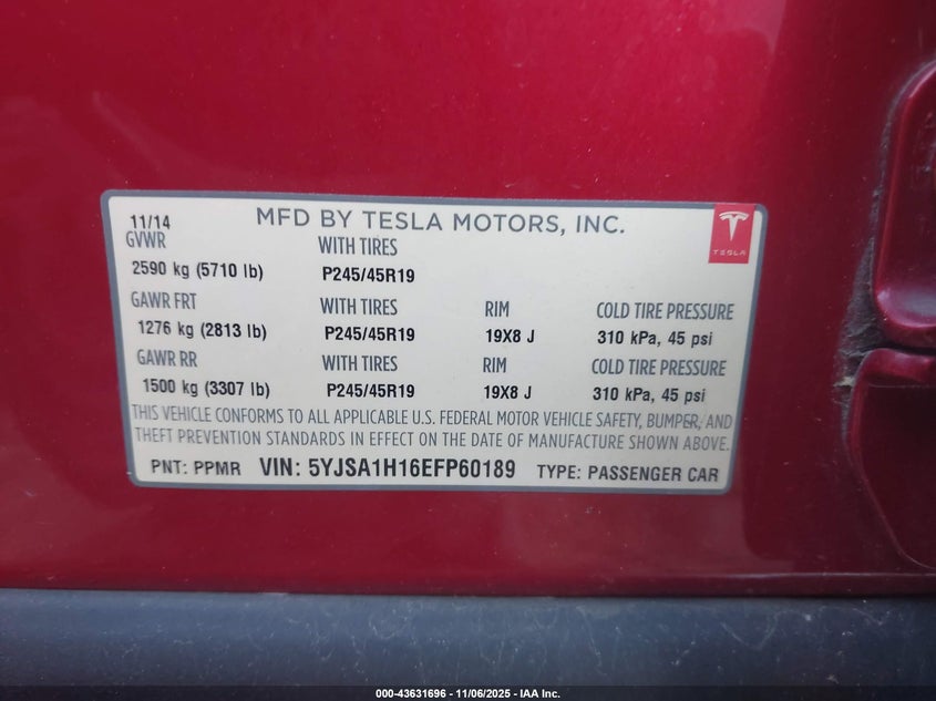 2014 TESLA MODEL S P85 5YJSA1H16EFP60189
