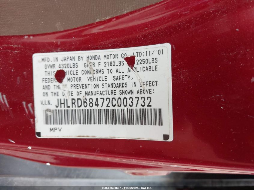 2002 Honda Cr-V Lx VIN: JHLRD68472C003732 Lot: 43631697