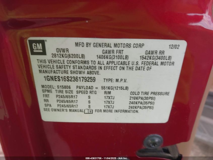 2003 Chevrolet Trailblazer Ext Lt VIN: 1GNES16S236179259 Lot: 43631706