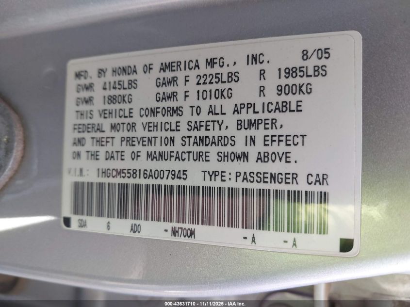 2006 Honda Accord 2.4 Ex VIN: 1HGCM55816A007945 Lot: 43631710
