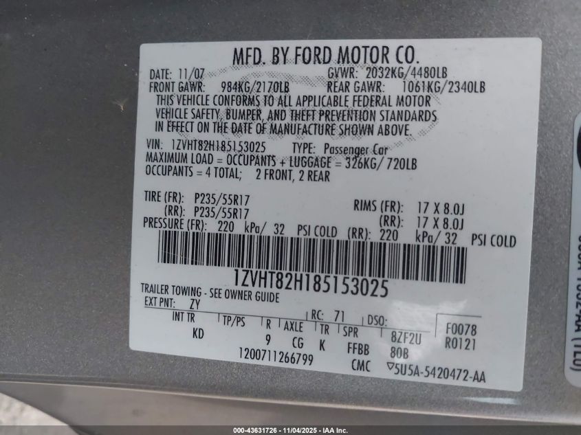 2008 Ford Mustang Gt Deluxe/Gt Premium VIN: 1ZVHT82H185153025 Lot: 43631726