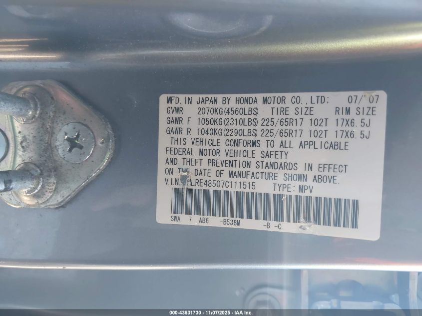 2007 Honda Cr-V Ex VIN: JHLRE48507C111515 Lot: 43631730