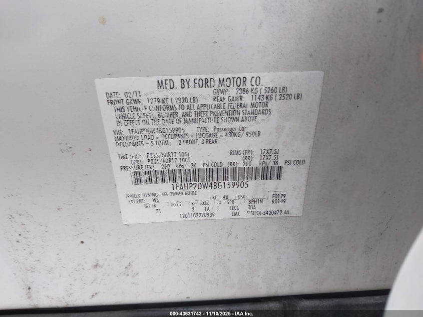 1FAHP2DW4BG159905 2011 FORD TAURUS photo no. 9