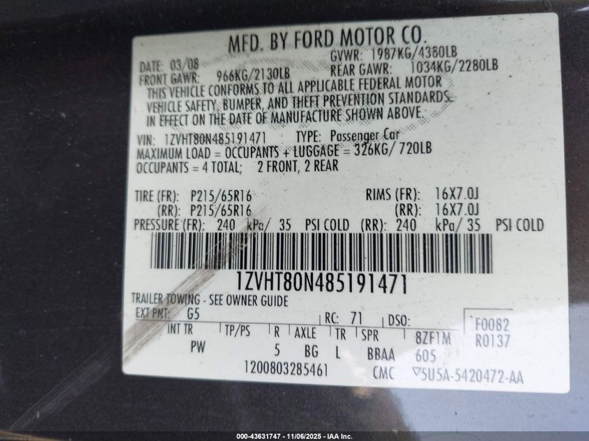 2008 Ford Mustang V6 Deluxe/V6 Premium VIN: 1ZVHT80N485191471 Lot: 43631747