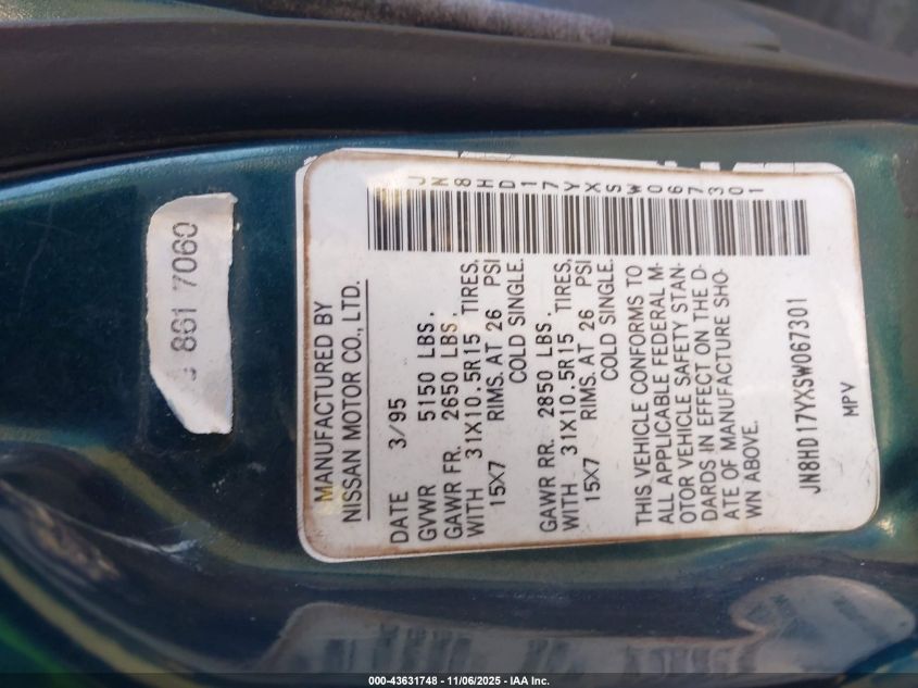 1995 Nissan Pathfinder Le/Se/Xe VIN: JN8HD17YXSW067301 Lot: 43631748