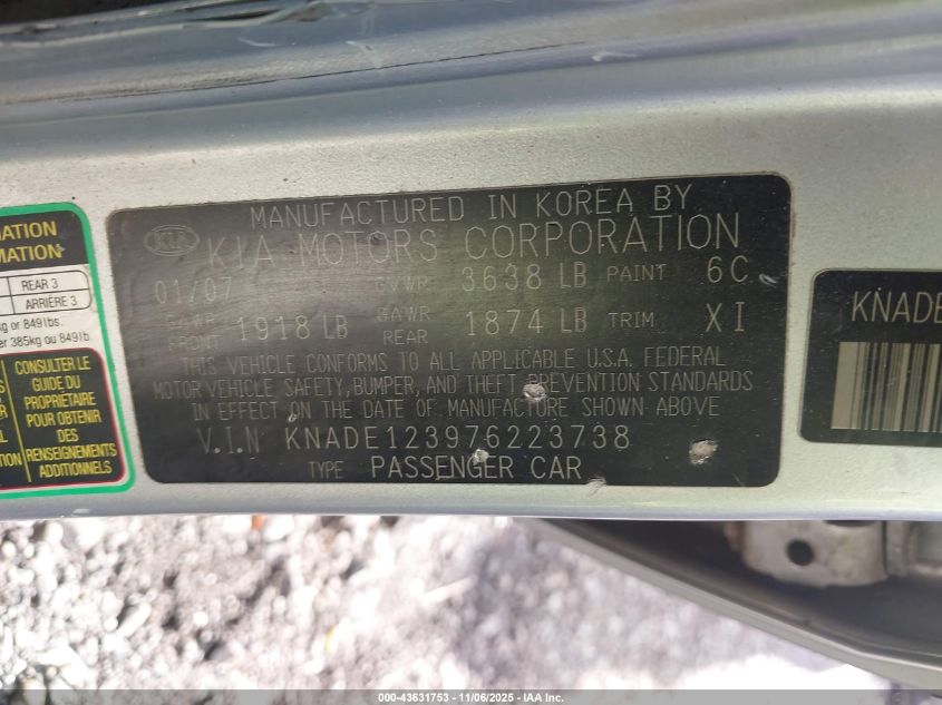 2007 Kia Rio Lx VIN: KNADE123976223738 Lot: 43631753