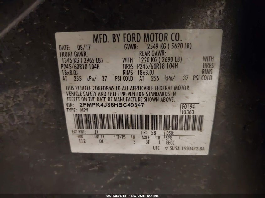 2017 FORD EDGE SEL 2FMPK4J86HBC49347