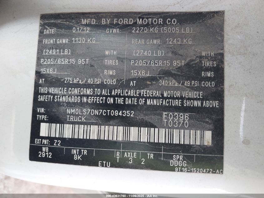 2012 Ford Transit Connect Xlt VIN: NM0LS7DN7CT094352 Lot: 43631760