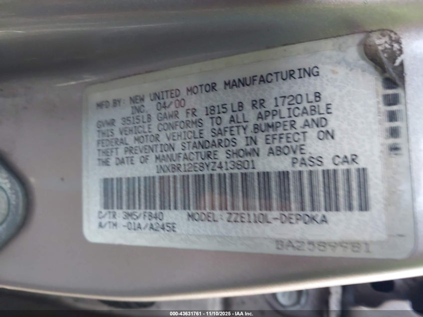 1NXBR12E8YZ413801 2000 TOYOTA COROLLA photo no. 9