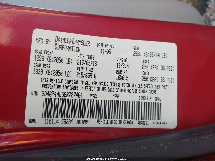 2006 Dodge Grand Caravan Sxt VIN: 2D4GP44L56R727464 Lot: 43631770