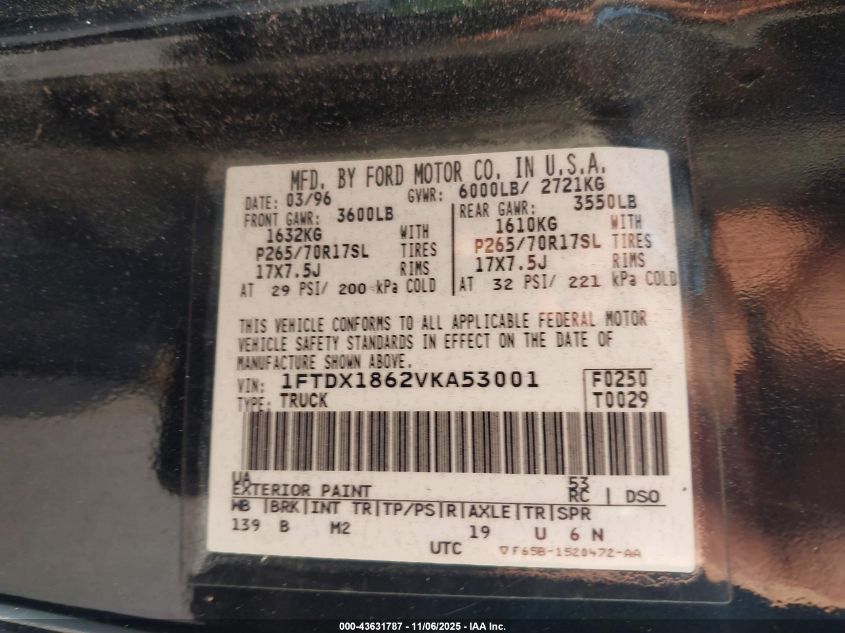 1997 Ford F-150 Lariat/Xl/Xlt VIN: 1FTDX1862VKA53001 Lot: 43631787