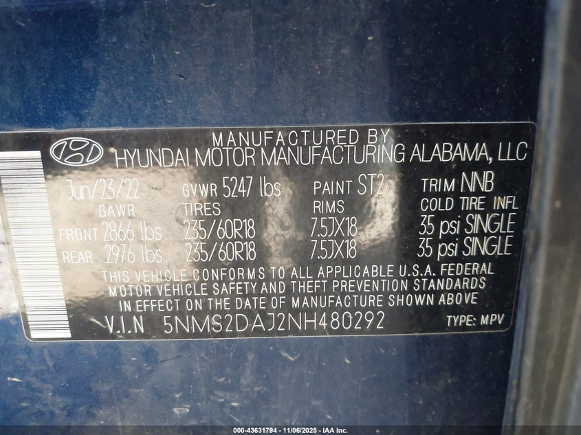 2022 HYUNDAI SANTA FE SEL 5NMS2DAJ2NH480292