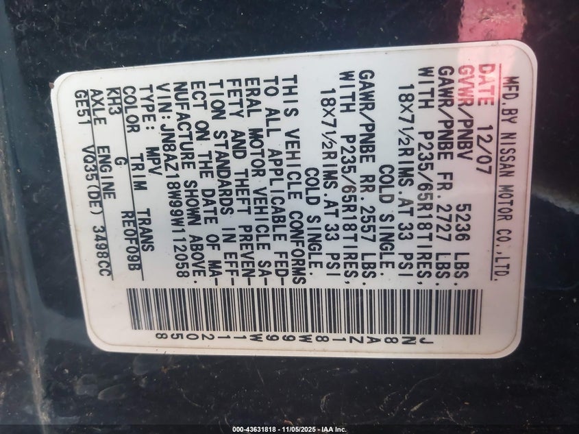 2009 Nissan Murano S VIN: JN8AZ18W99W112058 Lot: 43631818