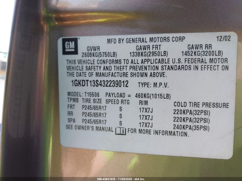 2003 GMC Envoy Slt VIN: 1GKDT13S432239012 Lot: 43631835