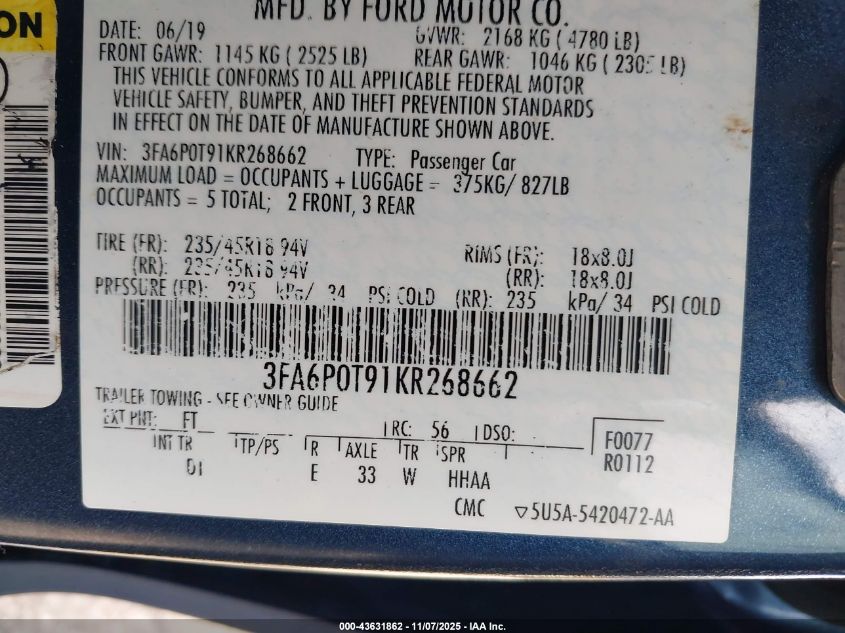 2019 Ford Fusion Se VIN: 3FA6P0T91KR268662 Lot: 43631862