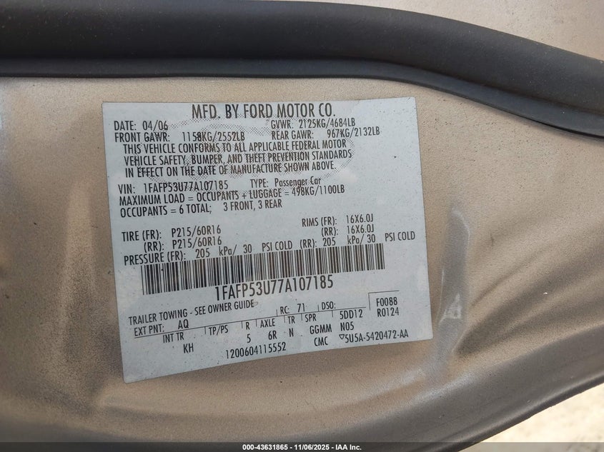 2007 Ford Taurus Se VIN: 1FAFP53U77A107185 Lot: 43631865
