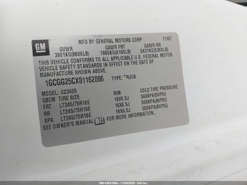 2008 Chevrolet Express Work Van VIN: 1GCGG25CX81162006 Lot: 43631884