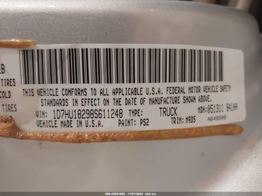 2008 Dodge Ram 1500 Slt VIN: 1D7HU18298S611248 Lot: 43631895