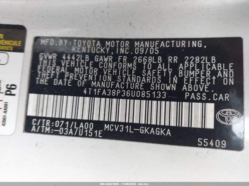 2006 Toyota Camry Solara Sle VIN: 4T1FA38P36U085133 Lot: 43631905