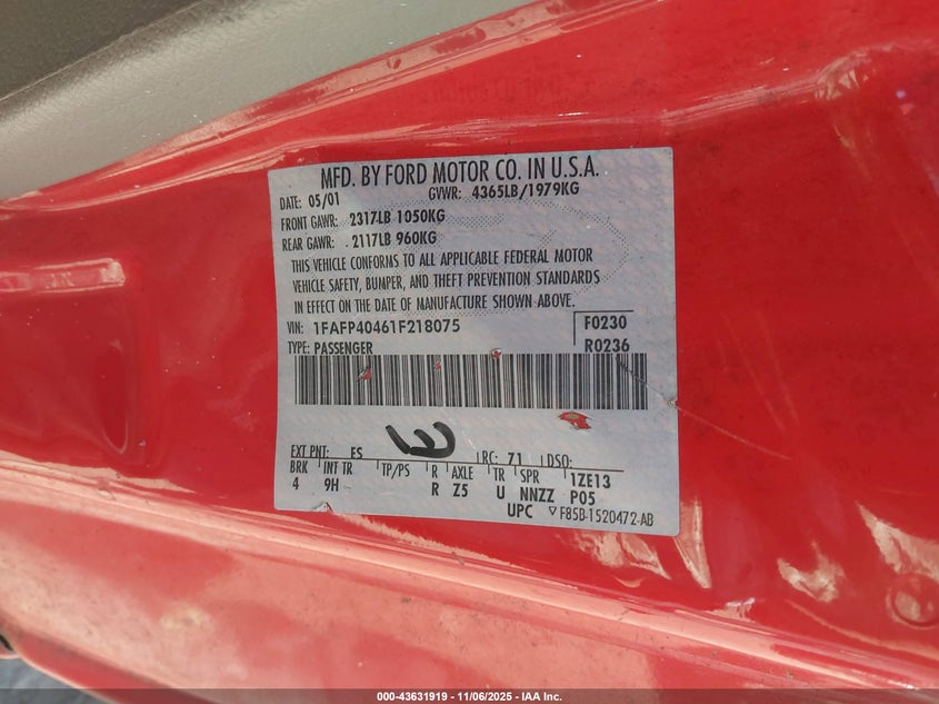 2001 Ford Mustang VIN: 1FAFP40461F218075 Lot: 43631919