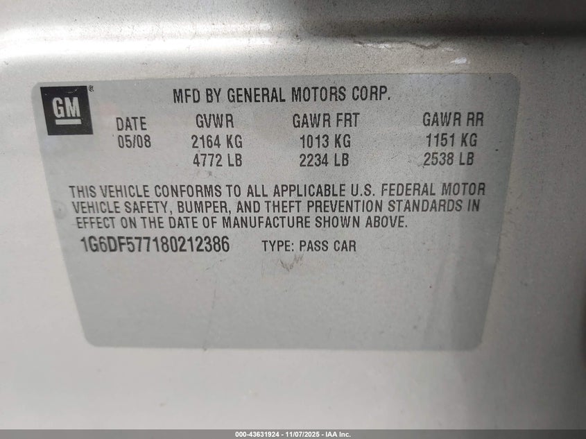 2008 Cadillac Cts Standard VIN: 1G6DF577180212386 Lot: 43631924