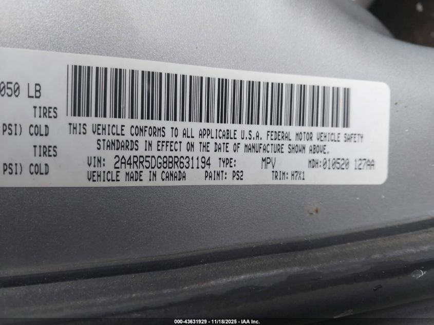 2011 Chrysler Town & Country Touring VIN: 2A4RR5DG8BR631194 Lot: 43631929