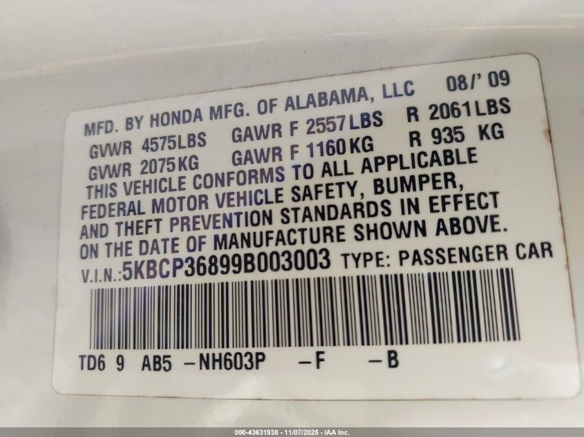 2009 Honda Accord 3.5 Ex-L VIN: 5KBCP36899B003003 Lot: 43631938