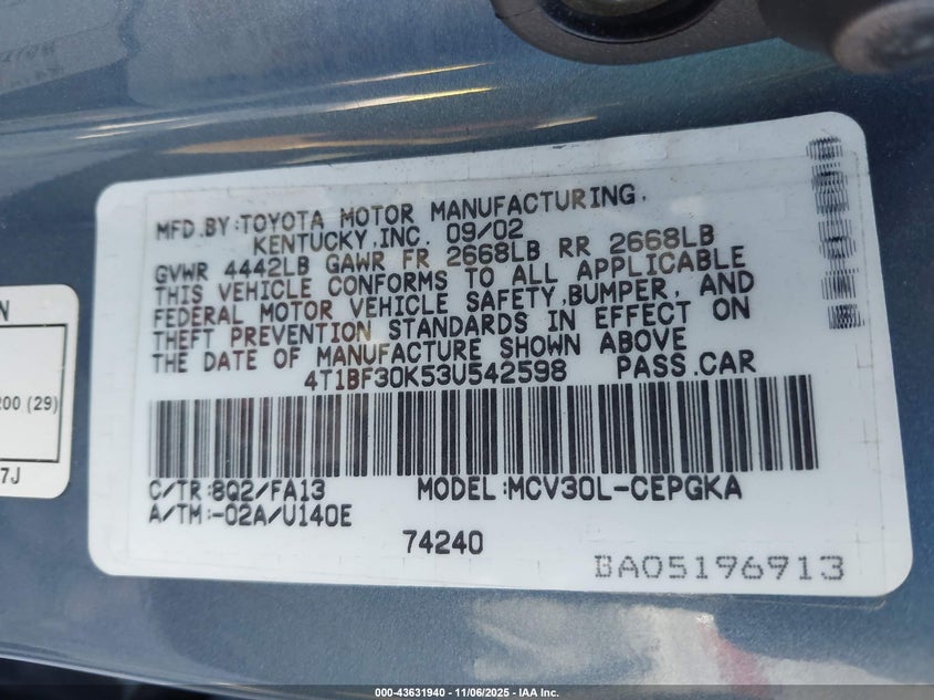 4T1BF30K53U542598 2003 TOYOTA CAMRY photo no. 9