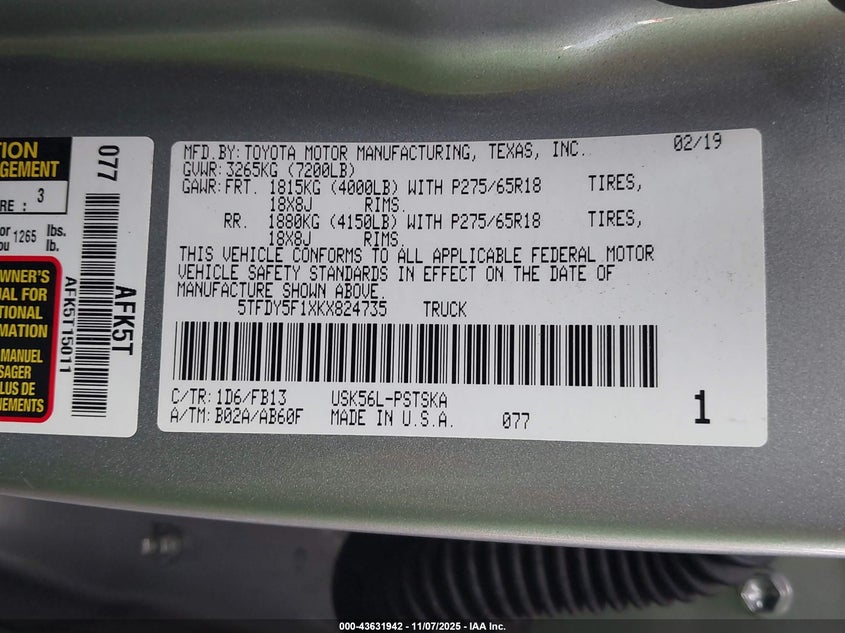 2019 TOYOTA TUNDRA SR5 5.7L V8 - 5TFDY5F1XKX824735