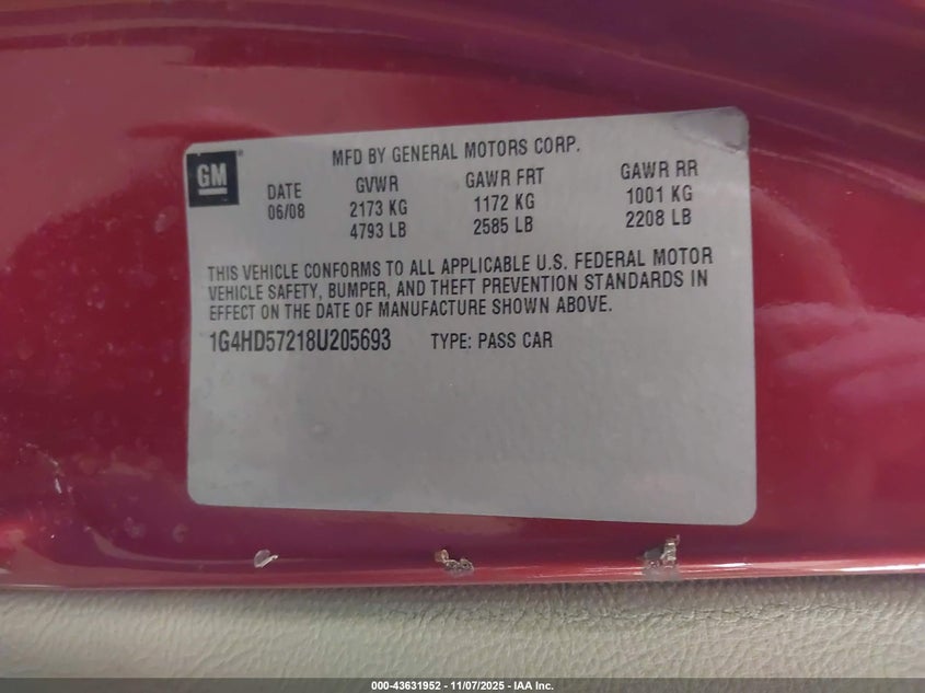 2008 Buick Lucerne Cxl VIN: 1G4HD57218U205693 Lot: 43631952