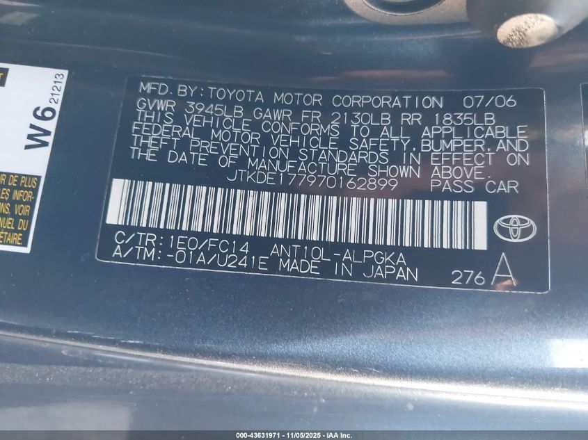 2007 Scion Tc VIN: JTKDE177970162899 Lot: 43631971