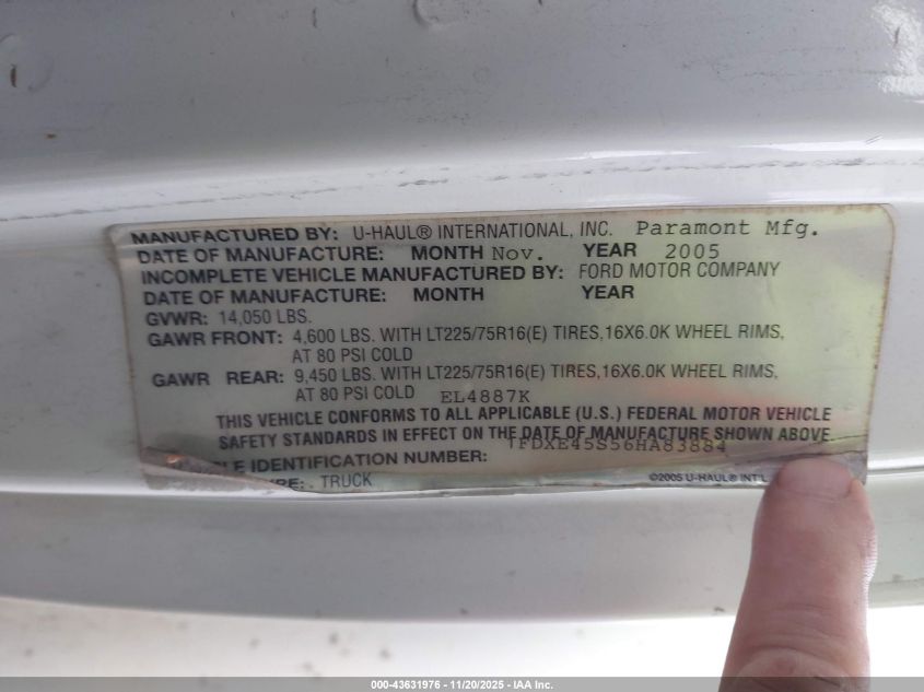 2006 Ford E-450 Cutaway VIN: 1FDXE45S56HA83884 Lot: 43631976