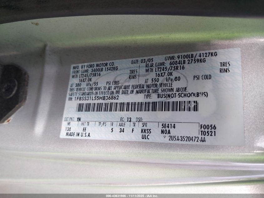 2005 Ford E-350 Super Duty Xl/Xlt VIN: 1FBSS31L55HB36862 Lot: 43631986